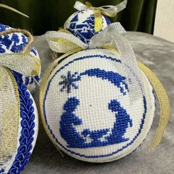 Set of 6 Handcrafted Embroidered Christmas Ornaments–Blue and White Nordic Style - Picture 3 of 13
